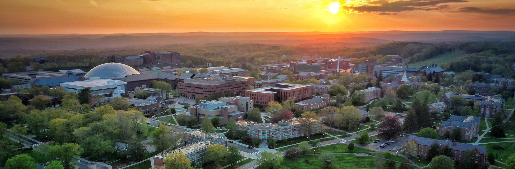 aerial view of storrs campus at sunrise